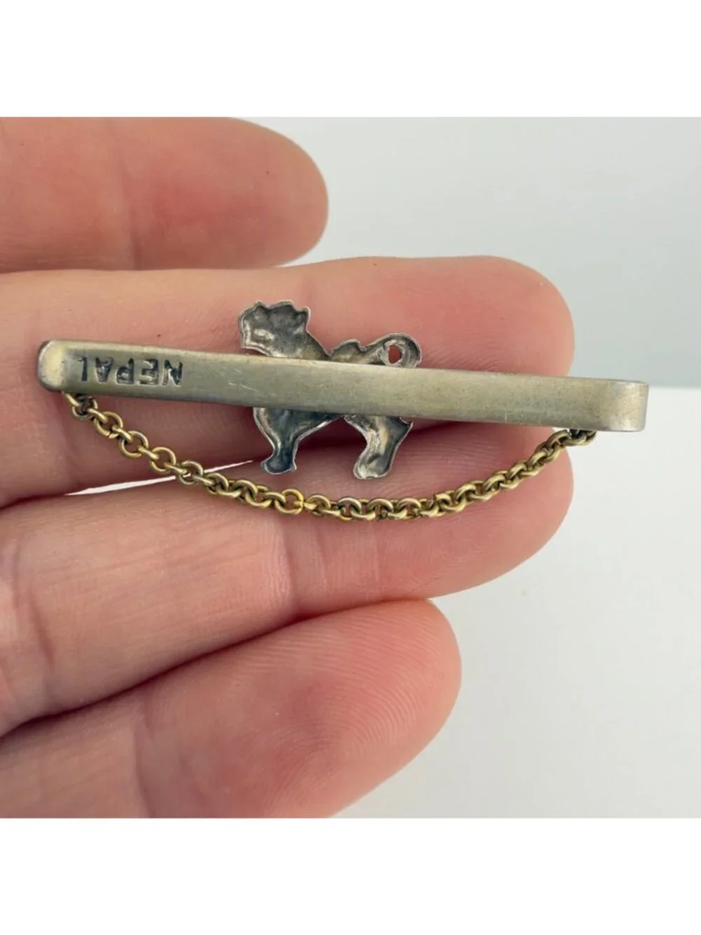 Vintage Nepal Guardian Lion Tie Bar Set of 2 Figural Silver Tone